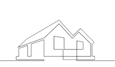 A wireframe drawing of a modern house with a gabled roof, outlined in simple continuous line art.