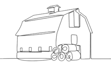 A line-art illustration of a barn with hay bales stacked outside, drawn in a simple, continuous line style.