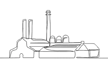 A wireframe drawing of an industrial factory with chimneys, done in a minimalistic line-art style.